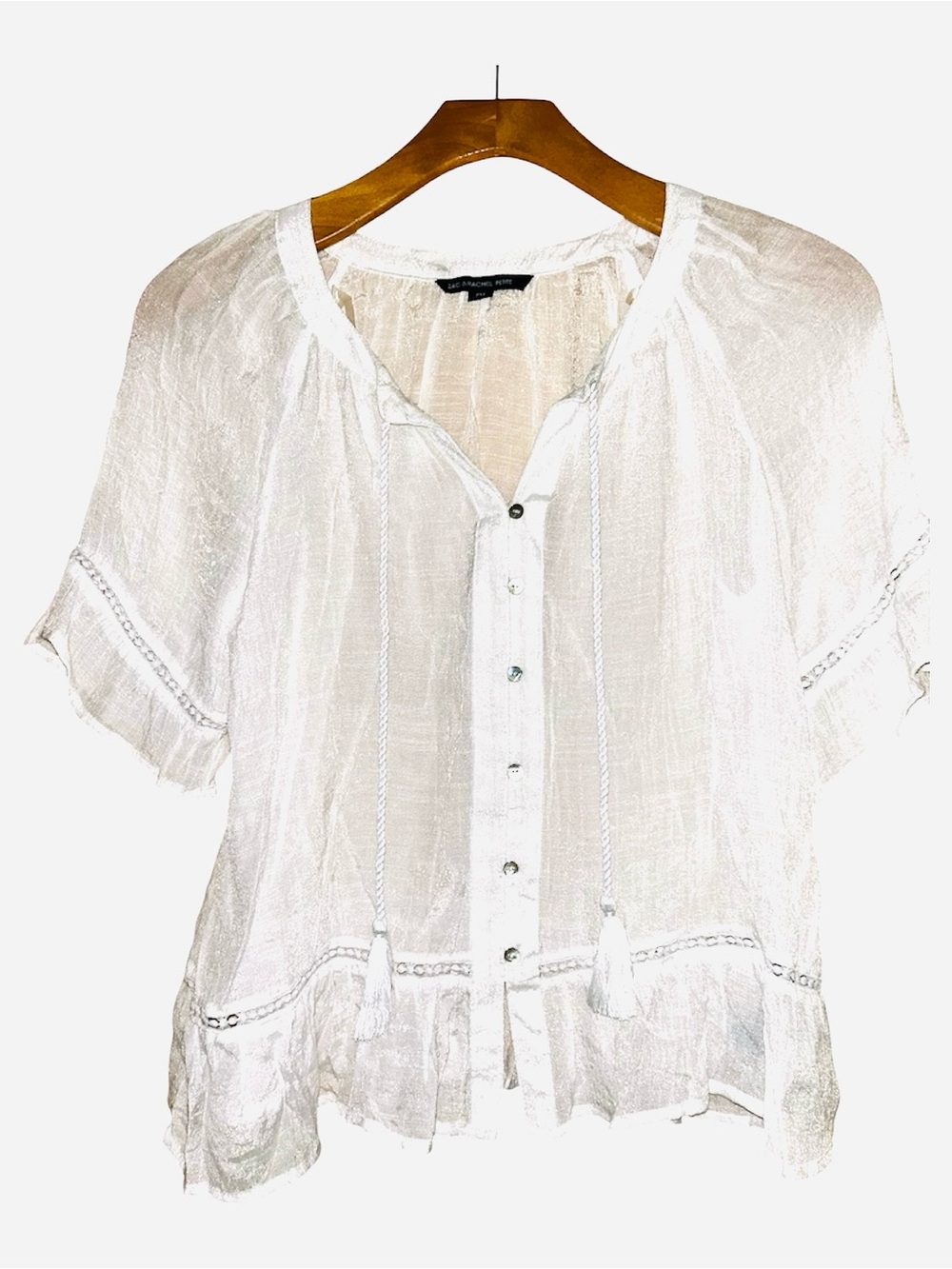 Zac & Rachel White Button-Front Peasant Blouse with Tassels